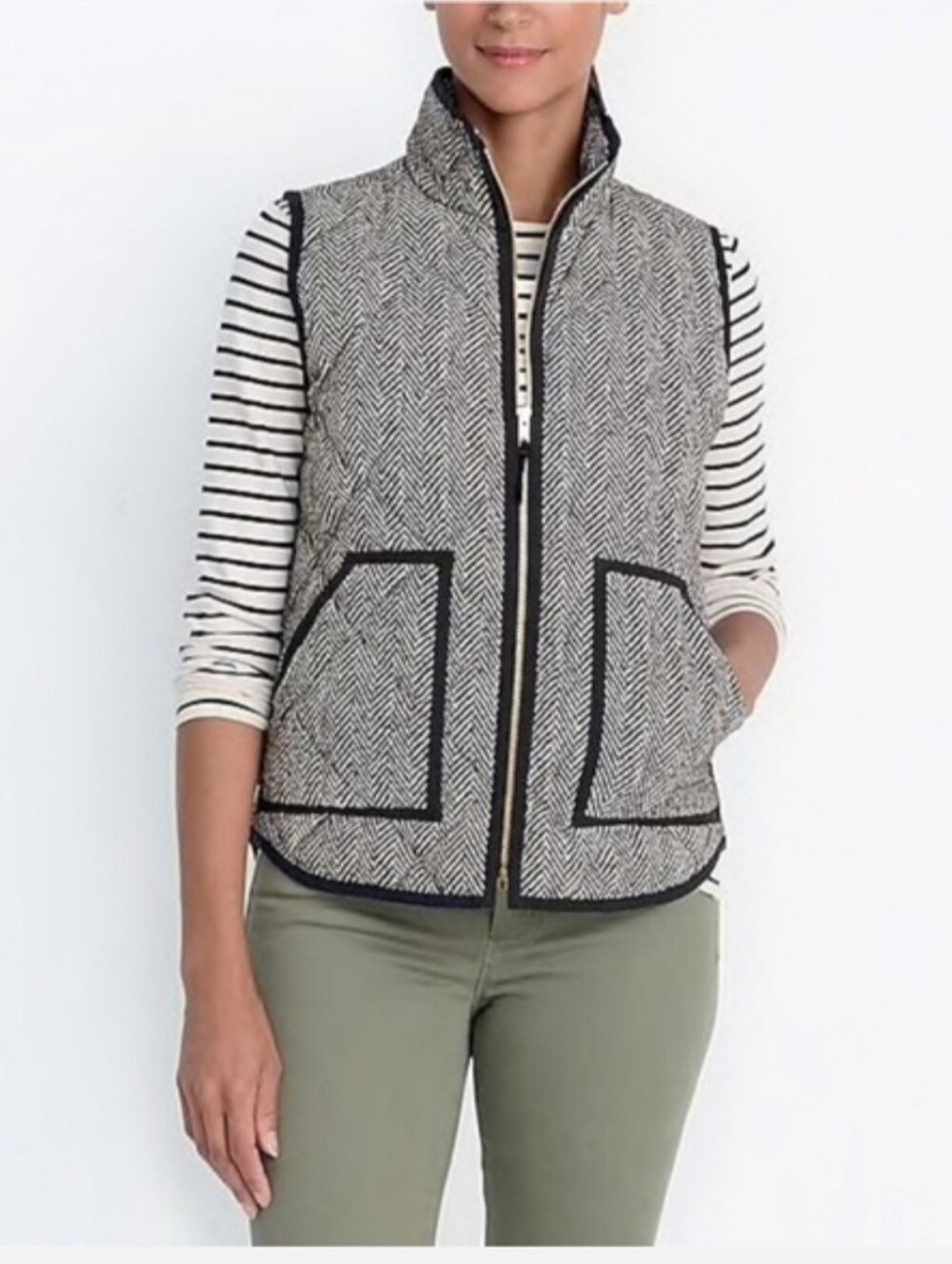 J.CREW Women’s Quilted Full Zip Herringbone Vest Black White XS Pockets